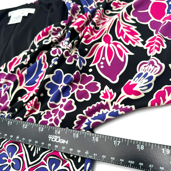 MAGGY LONDON NWT Size 12 Black Purple Floral Midi Dress Lined Pleated Flutter - Picture 8 of 9